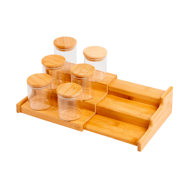 Kit 6 potes hermético 200ml com tampa de bambu e rack organizador de bambu - oikos
