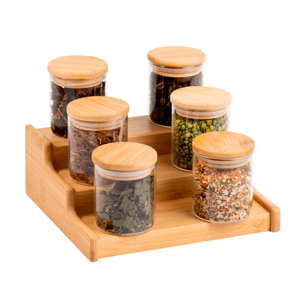 Kit 6 potes hermético 200ml com tampa de bambu e rack organizador de bambu - oikos