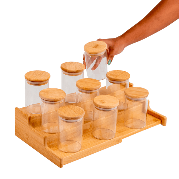 Kit 9 potes hermético 200ml com tampa de bambu e rack organizador de bambu - oikos