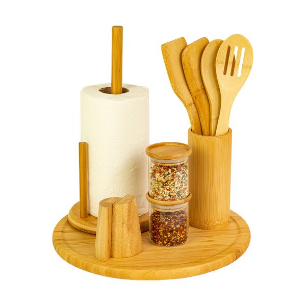 Kit organizador de bancada com utensílios de bambu e potes oikos