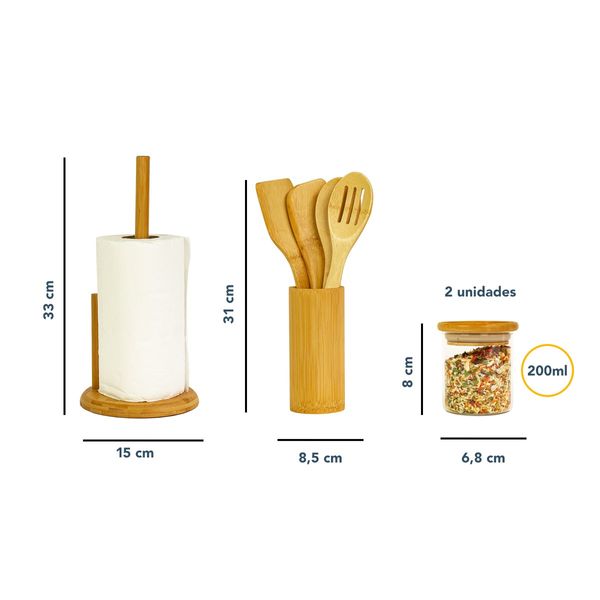 Kit organizador de bancada com utensílios de bambu e potes oikos