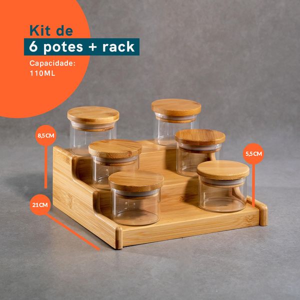 Kit 6 potes hermético 110ml com tampa de bambu e rack organizador de bambu - oikos