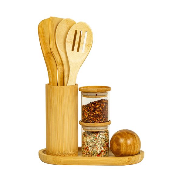 Kit organizador bancada c/ utensílios bambu potes e saleiro oikos