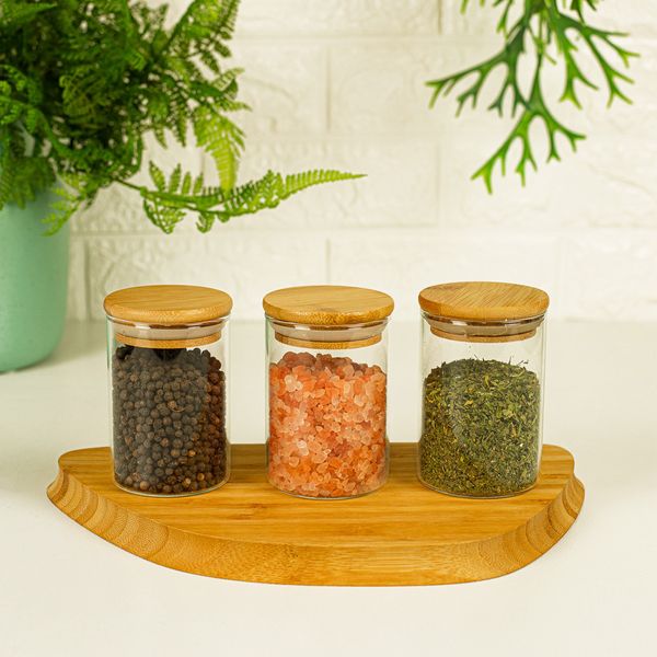 Kit 3 potes de vidro hermético c/ tampa de bambu 250ml oikos