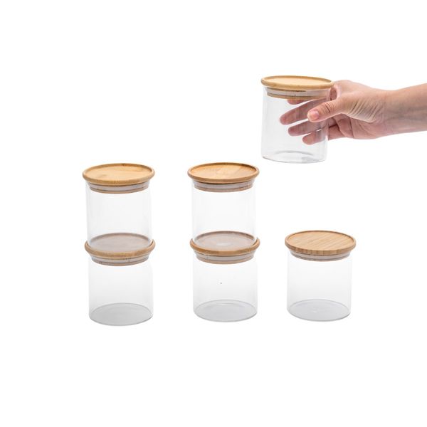 Kit 6 potes de vidro empilhável hermético tampa bambu 500ml oikos
