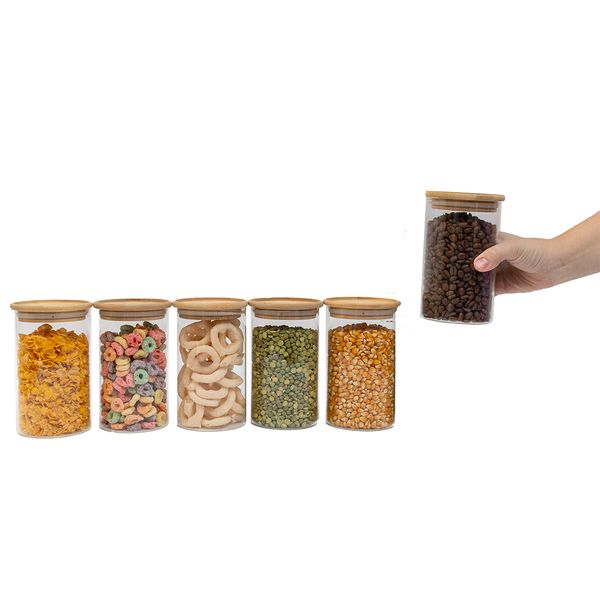 Kit 6 potes de vidro empilhável hermético tampa bambu 600ml oikos