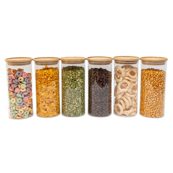 Kit 6 potes de vidro empilhável hermético tampa bambu 800ml oikos