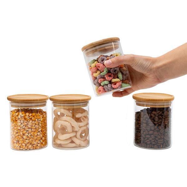 Kit 4 potes de vidro empilhável hermético tampa bambu 400ml oikos