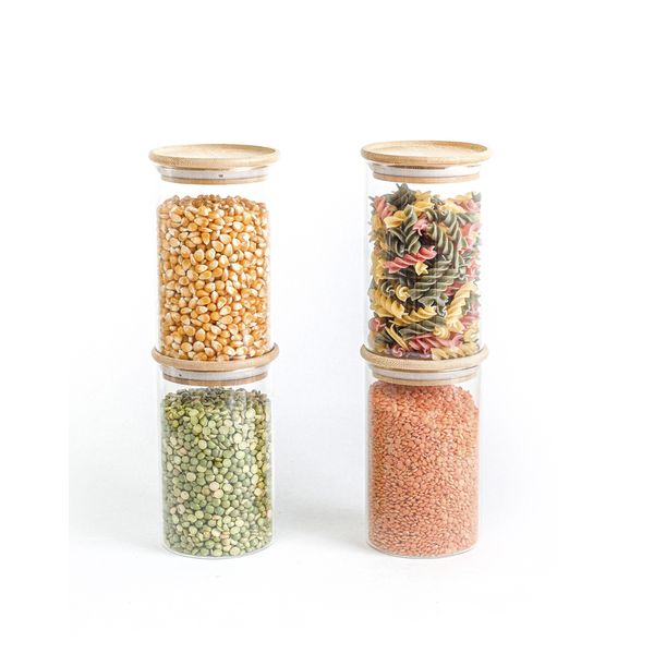 Kit 4 potes de vidro empilhável hermético tampa bambu 600ml oikos
