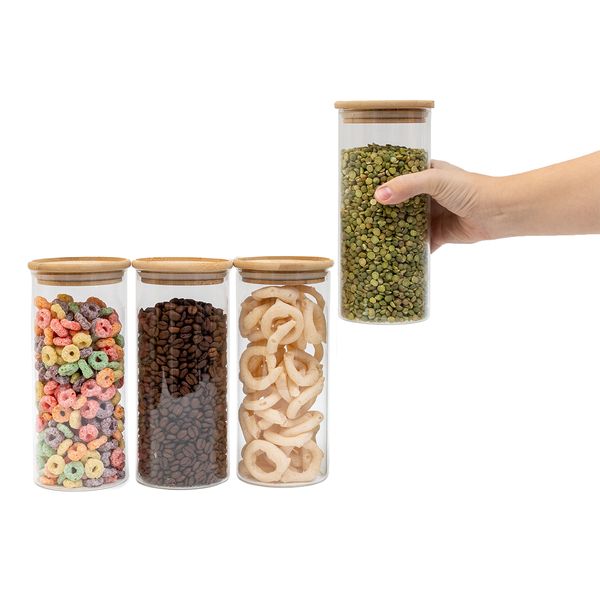 Kit 4 potes de vidro empilhável hermético tampa bambu 800ml oikos
