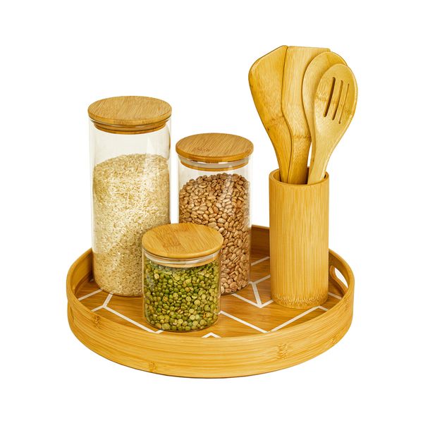 Kit bandeja redonda c/ utensílios e potes 1650/1100/500ml oikos