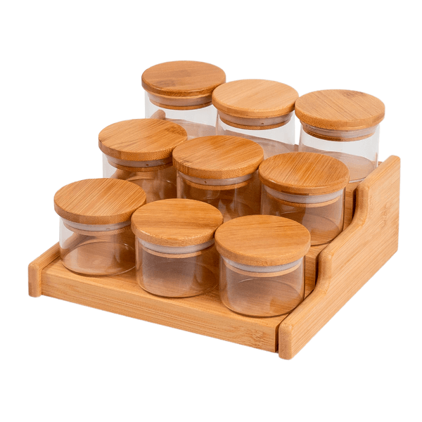 Kit 9 potes hermético 110ml com tampa de bambu e rack organizador de bambu - oikos