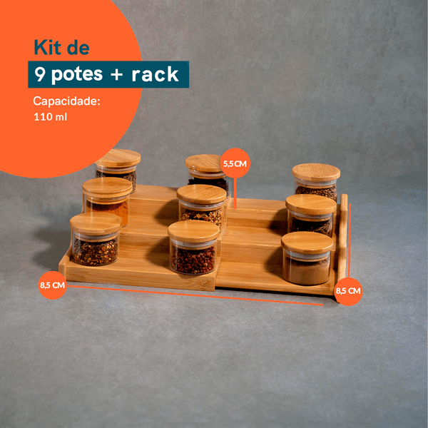 Kit 9 potes hermético 110ml com tampa de bambu e rack organizador de bambu - oikos