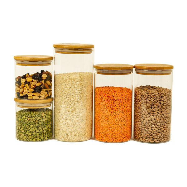 Kit 5 potes de vidro com tampa bambu 1650/1100/500ml oikos