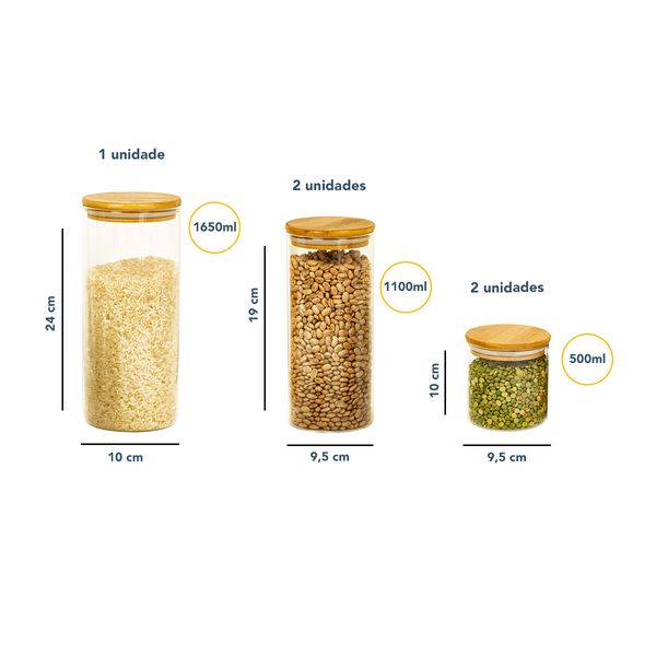 Kit 5 potes de vidro com tampa bambu 1650/1100/500ml oikos