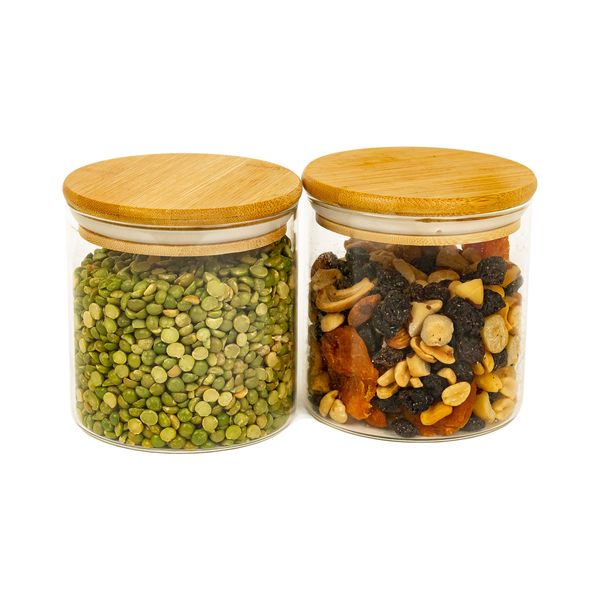 Kit 2 potes de vidro com tampa de bambu 500ml oikos