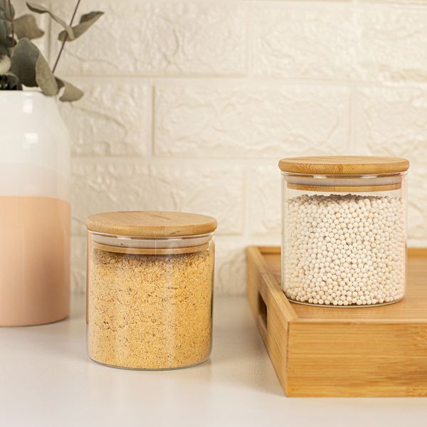 Kit 2 potes de vidro com tampa de bambu 500ml oikos