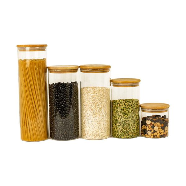 Kit 5 potes de vidro tampa bambu 2000/1650/1100/500ml oikos