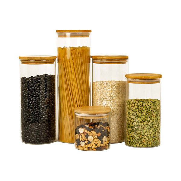 Kit 5 potes de vidro tampa bambu 2000/1650/1100/500ml oikos