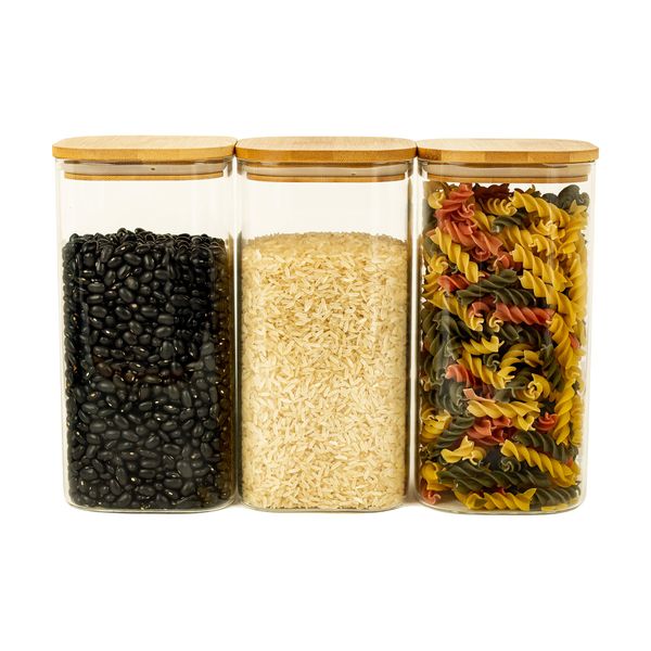 Kit 3 potes de vidro tampa bambu quadrado flat 1400ml oikos