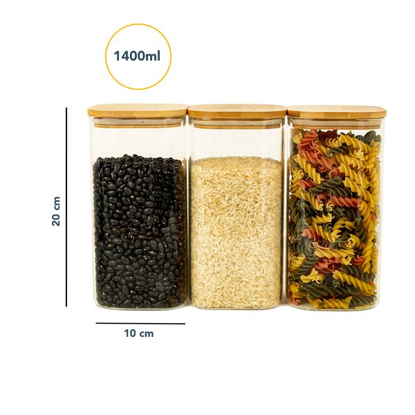 Kit 3 potes de vidro tampa bambu quadrado flat 1400ml oikos