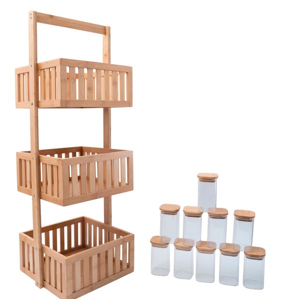 Kit com organizador multiuso ripado 3 andares e 10 potes de vidro com tampa de bambu 250ml - oikos