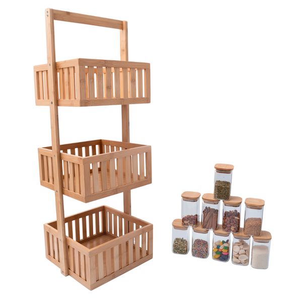 Kit com organizador multiuso ripado 3 andares e 10 potes de vidro com tampa de bambu 250ml - oikos