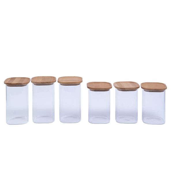 Kit 6 potes de vidro herméticos com tampa de bambu empilháveis quadrados 1,1l e 1,4l - oikos