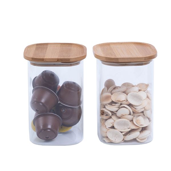 Kit 2 potes de vidro hermético com bambu empilhável quadrado 1,1l - oikos