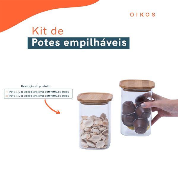 Kit 2 potes de vidro hermético com bambu empilhável quadrado 1,1l - oikos