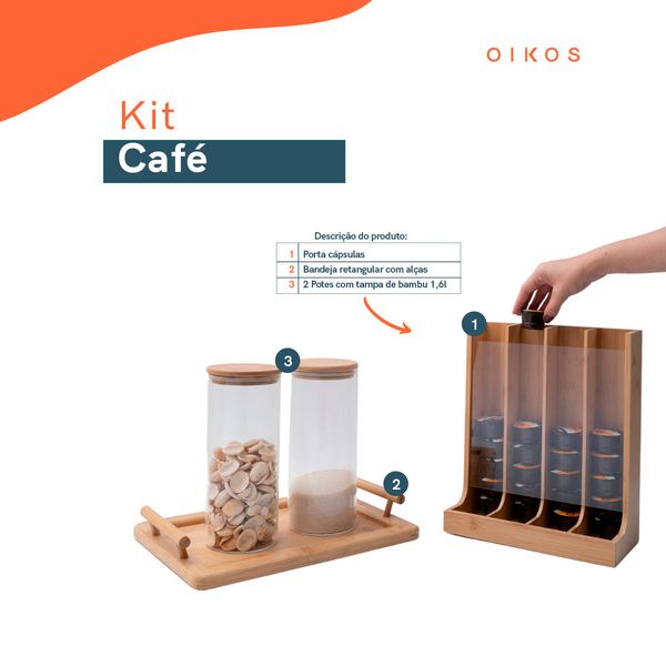 Kit com 2 potes de vidro com tampa de bambu 1,6l, porta cápsulas e bandeja retangular - oikos
