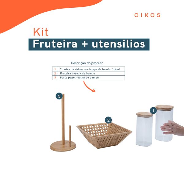 Kit com 2 potes de vidro com tampa de bambu, fruteira vazada de bambu e porta papel toalha de bambu