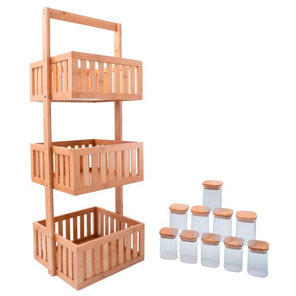 Kit com organizador multiuso ripado 3 andares e 10 potes de vidro com tampa de bambu 200ml- oikos