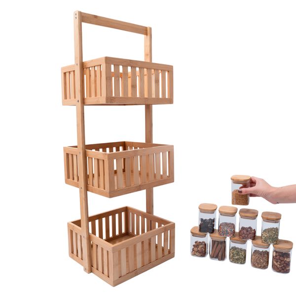 Kit com organizador multiuso ripado 3 andares e 10 potes de vidro com tampa de bambu 200ml- oikos