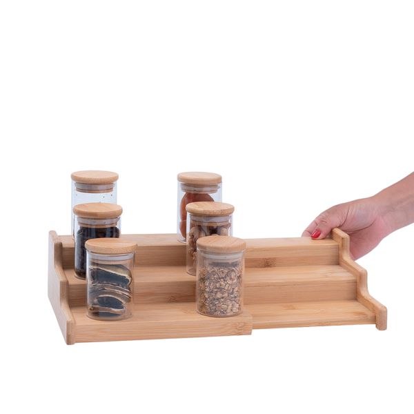 Kit 6 potes de vidro herméticos com tampa de bambu 110ml e rack organizador de bambu - oikos