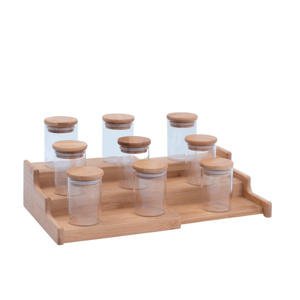Kit 9 potes de vidro herméticos com tampa de bambu 110ml e rack organizador de bambu - oikos