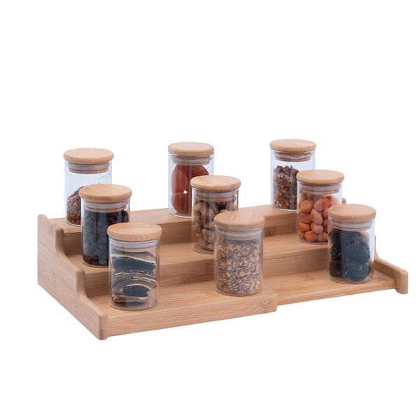 Kit 9 potes de vidro herméticos com tampa de bambu 110ml e rack organizador de bambu - oikos