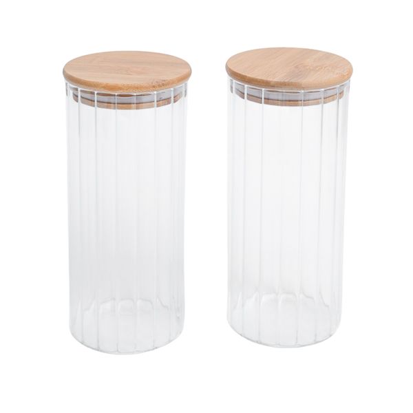 Kit 2 potes vidro canelado com tampa de bambu 1100ml - oikos