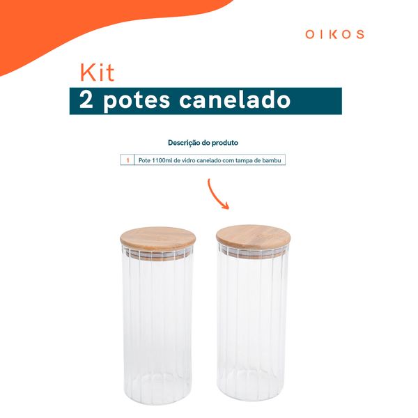 Kit 2 potes vidro canelado com tampa de bambu 1100ml - oikos
