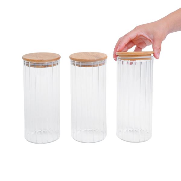 Kit 3 potes vidro canelado com tampa de bambu 1100ml - oikos