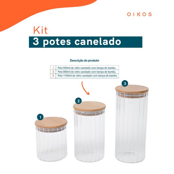 Kit 3 potes vidro herméticos para mantimentos canelado com tampa de bambu - oikos