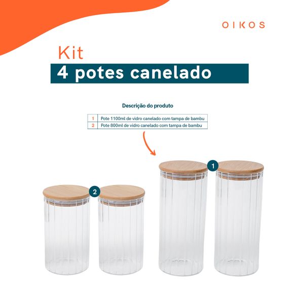 Kit 4 potes vidro herméticos para mantimentos canelado com tampa de bambu - oikos