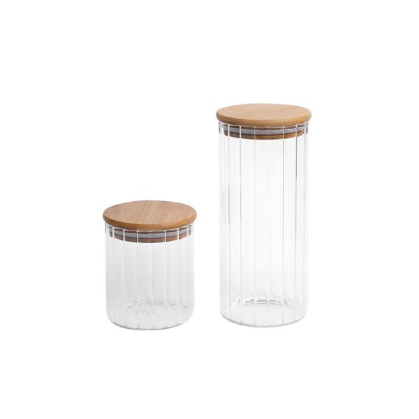 Kit 2 potes vidro herméticos para mantimentos canelado com tampa de bambu - oikos