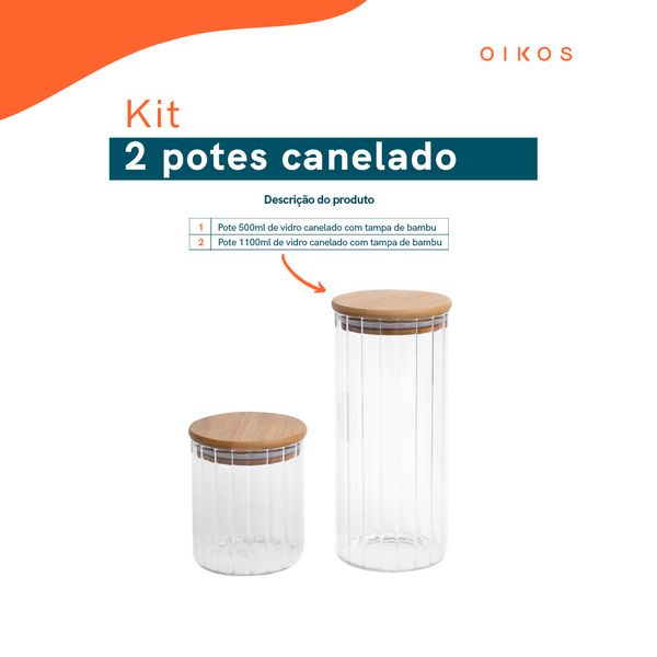 Kit 2 potes vidro herméticos para mantimentos canelado com tampa de bambu - oikos