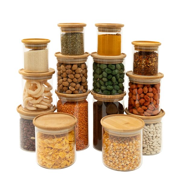 Kit 14 potes de vidro tampa de bambu herméticos redondos empilháveis - oikos