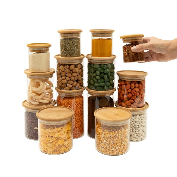 Kit 14 potes de vidro tampa de bambu herméticos redondos empilháveis - oikos