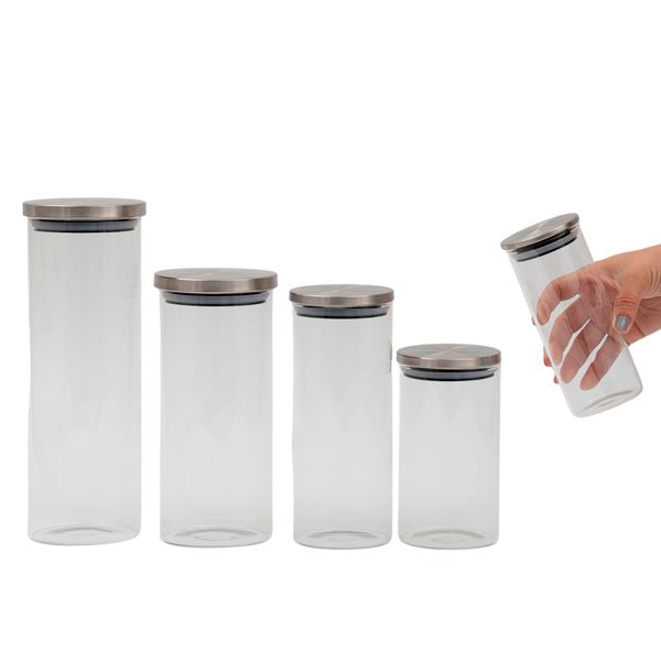 Kit 5 potes de vidro com tampa de inox redondos - oikos