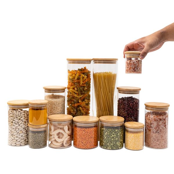 Kit com 13 potes de vidro tampa de bambu herméticos redondos mantimento - oikos