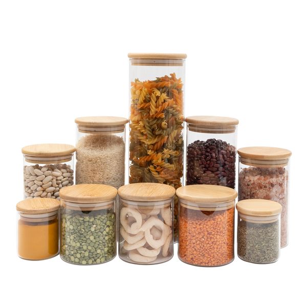 Kit com 10 potes de vidro tampa de bambu hermético redondo mantimento - oikos