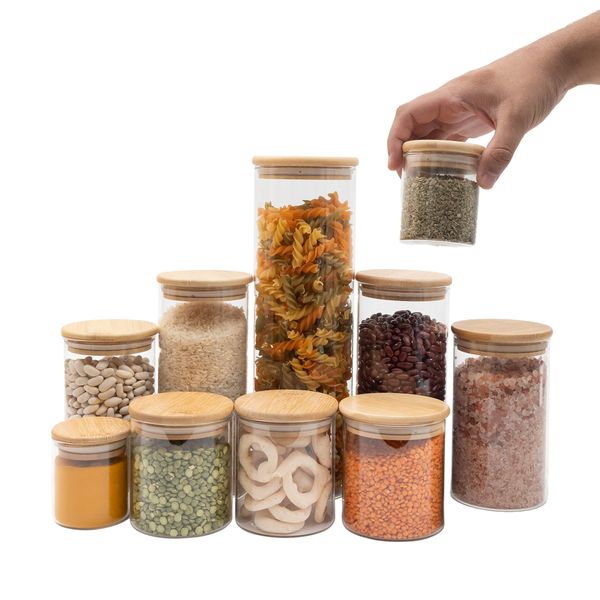 Kit com 10 potes de vidro tampa de bambu hermético redondo mantimento - oikos
